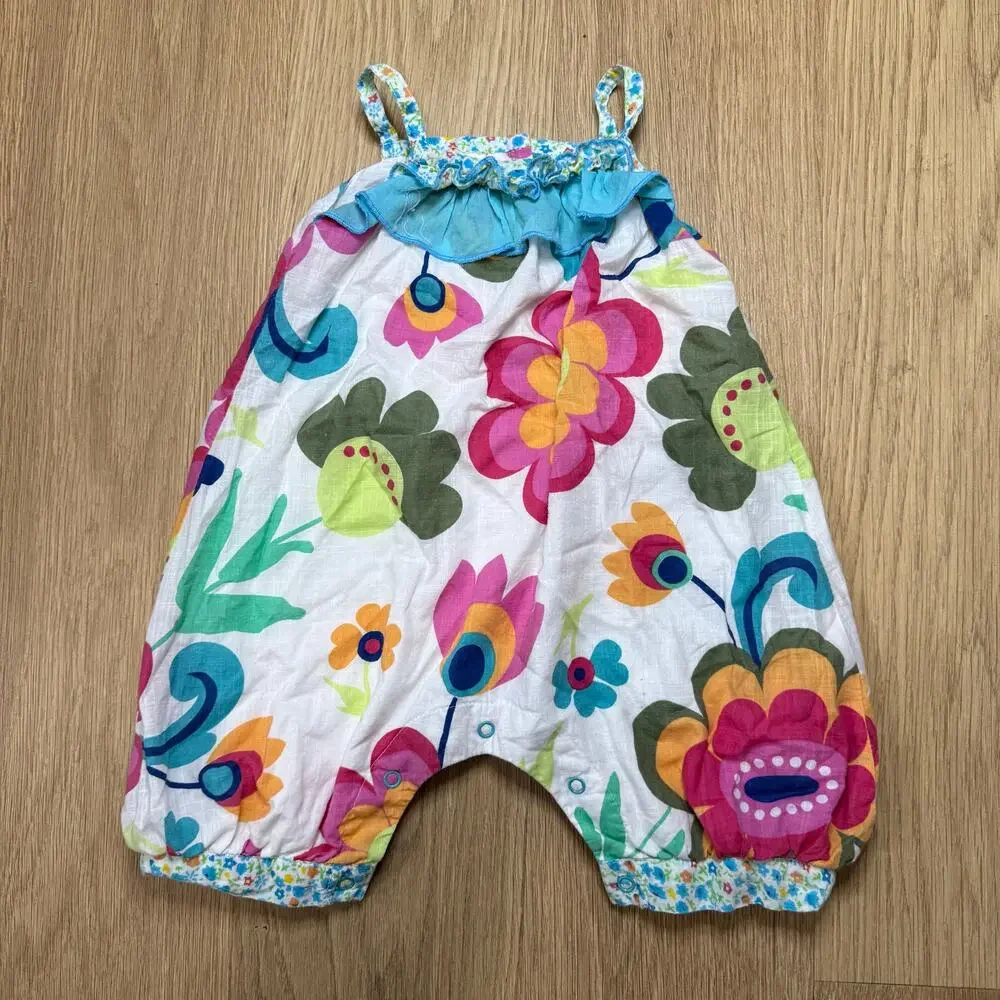 Bambiola Baby Girl Floral Bubble Romper – Blue Ruffle Neckline Size 18-24 Months